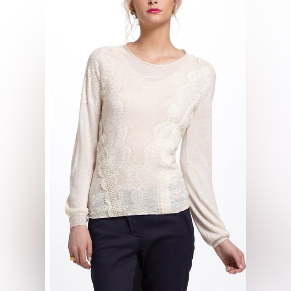 Anthropologie Angel Of The North Lace Detail Sweater Beige Size Small - Picture 1 of 6